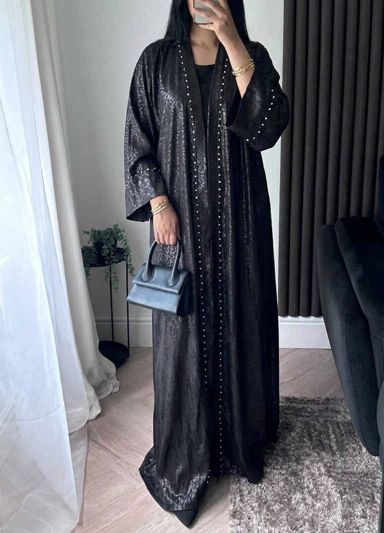 Yara Pearl Detail Open Abaya In Black
