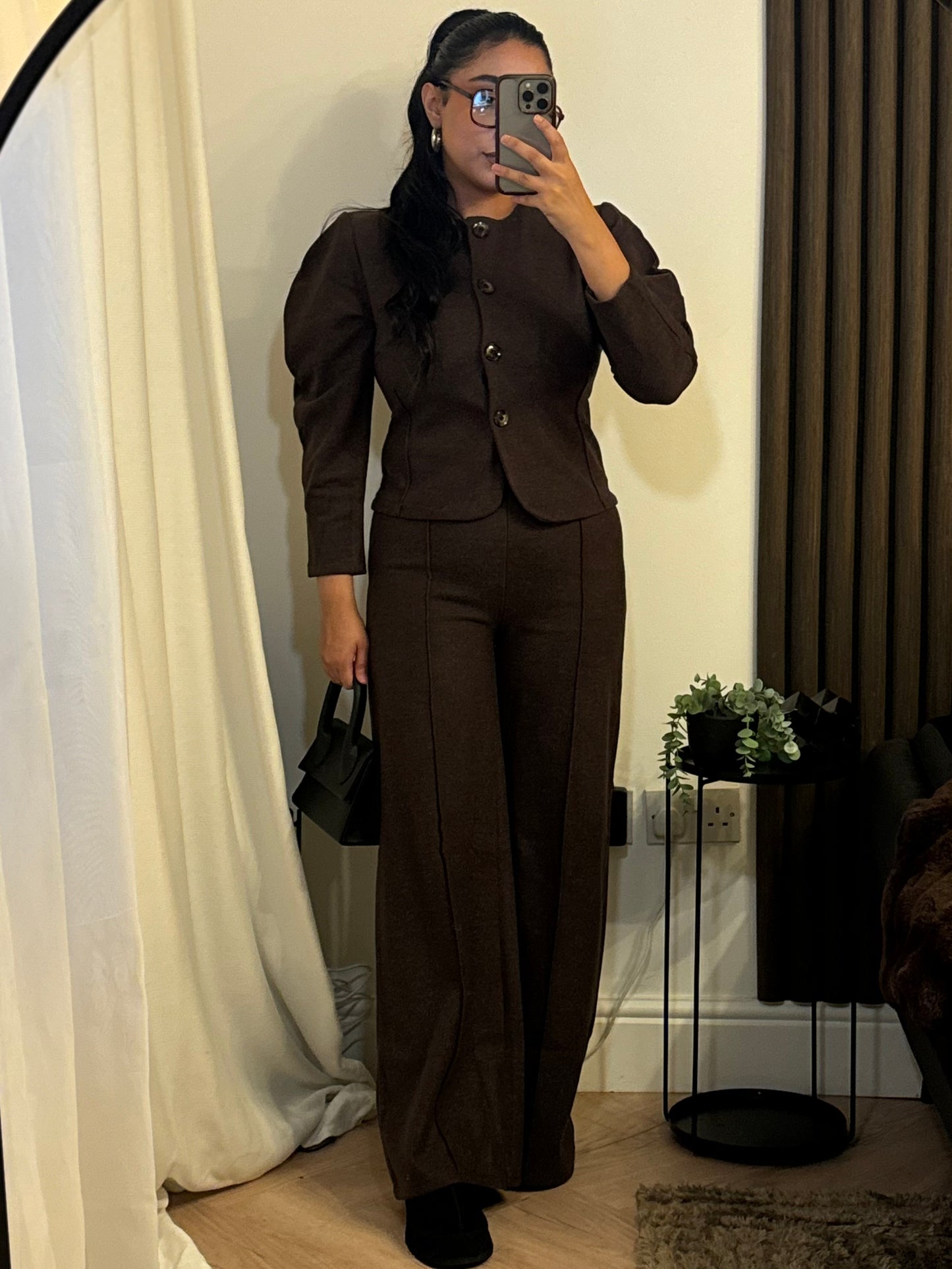 Structured Buttoned Jacket with Trouser Set In Brown
