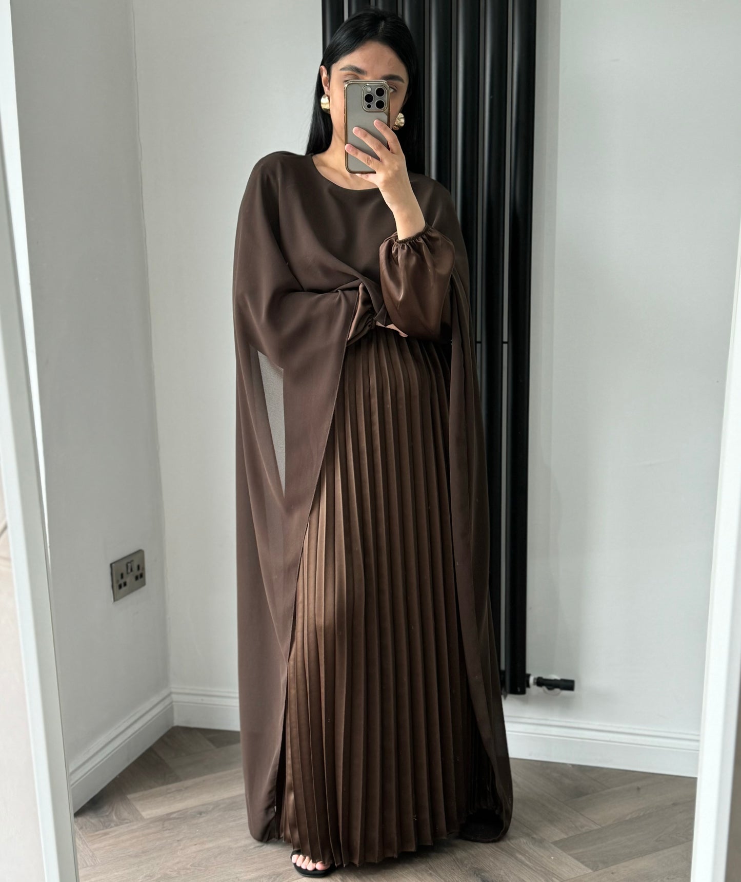 Haya Long Sleeve Pleated Maxi Dress with Cape In Brown