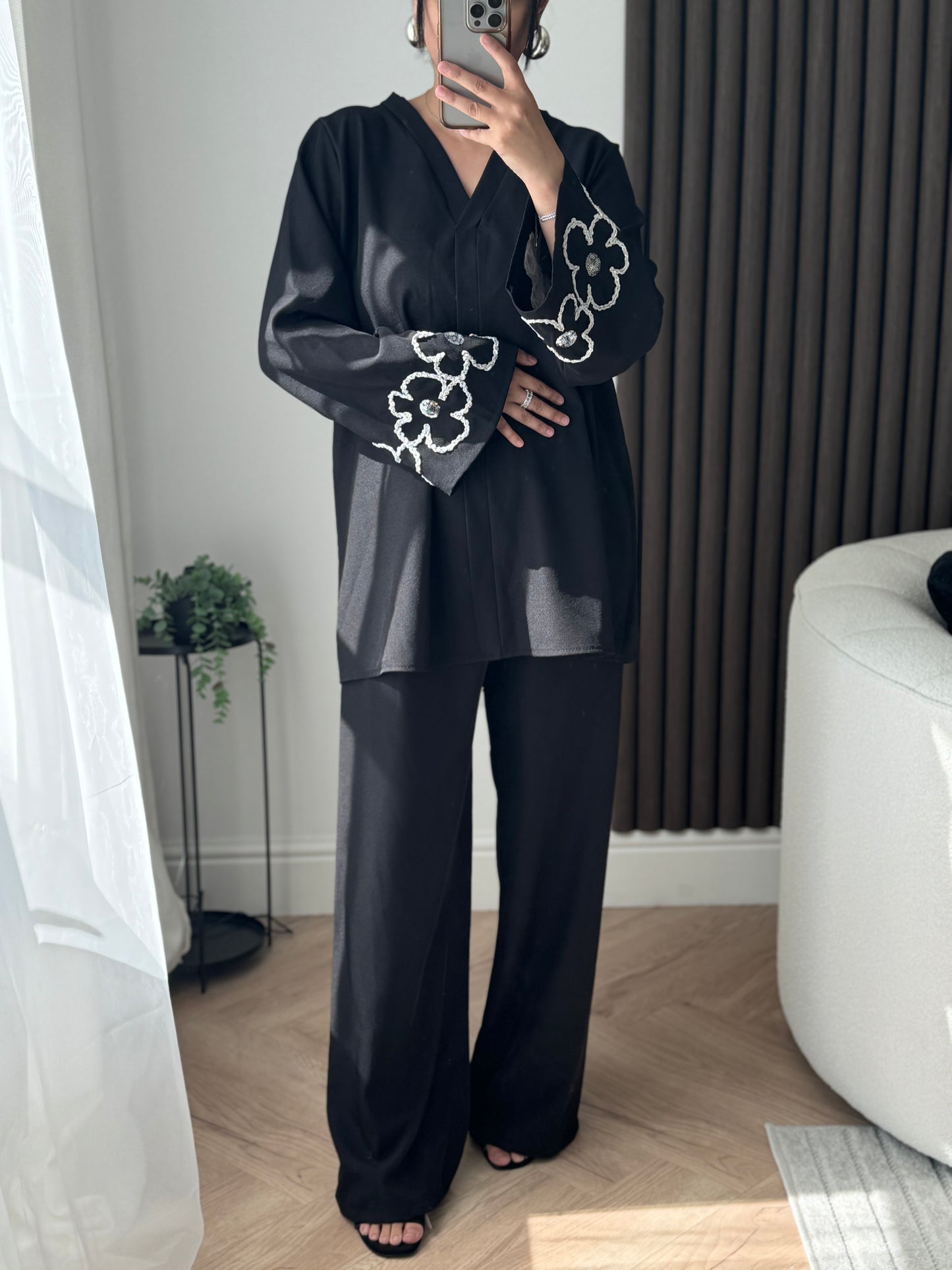 Maha Two Piece Set With Flower Sleeve Detail In Black