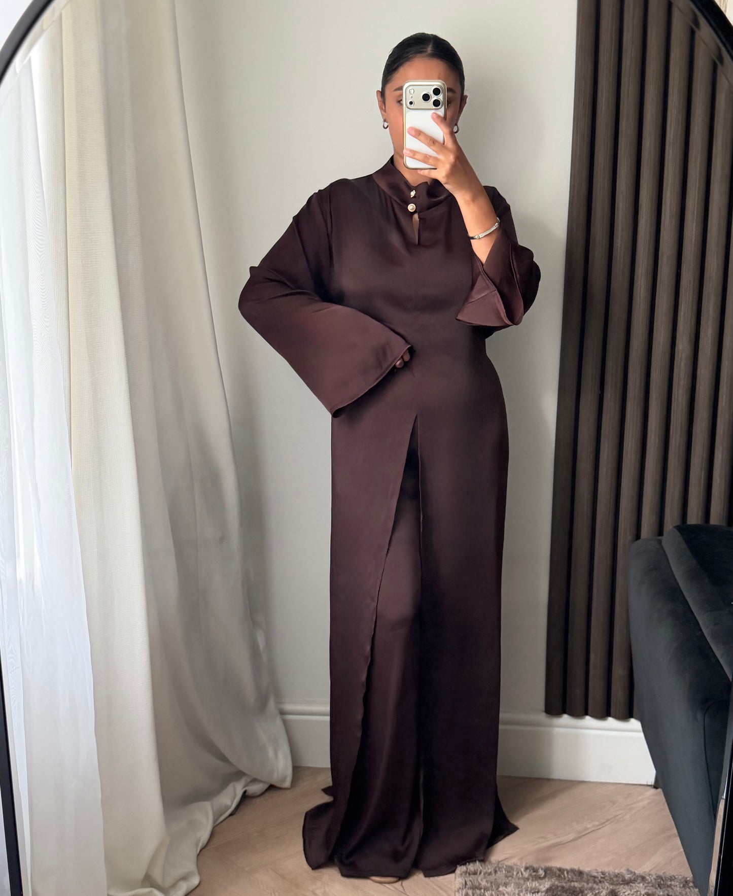 Aya Split Pearl Detail Blouse and Trouser Set In Brown