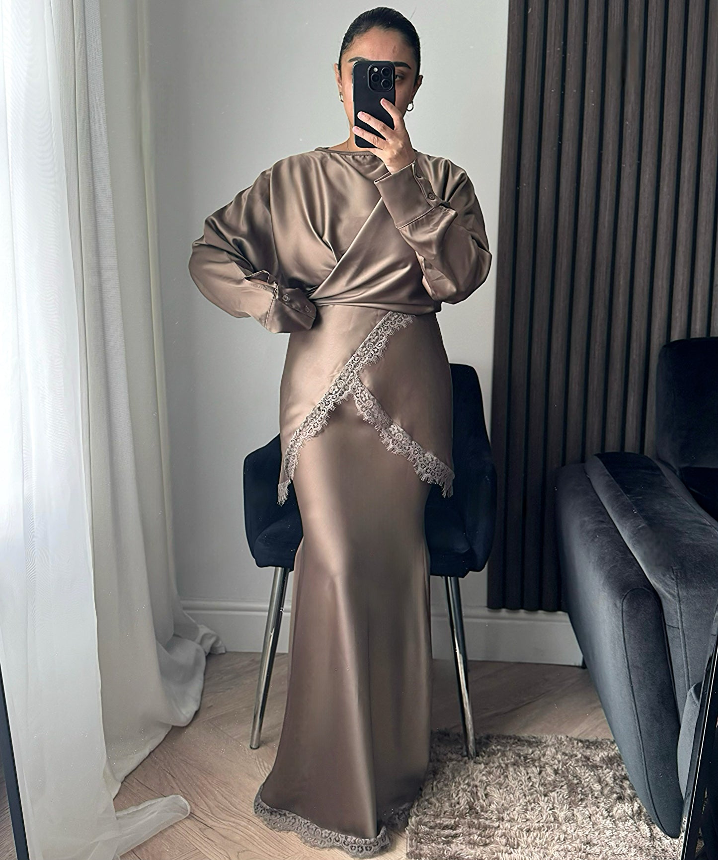 Alia Tie Wrap Lace Top And Skirt Set In Taupe