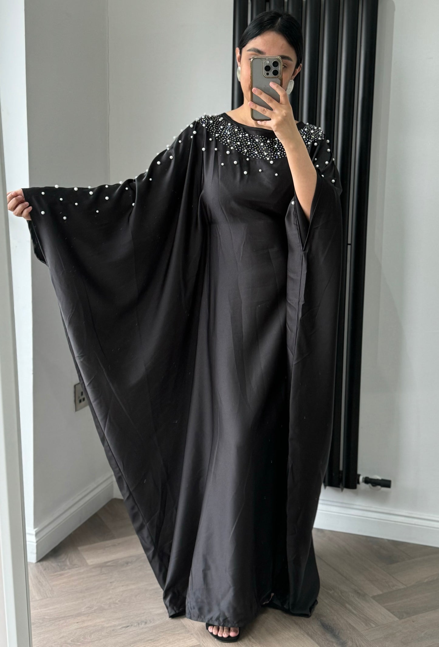 Eva Pearled Neck Batwing Dress In Black