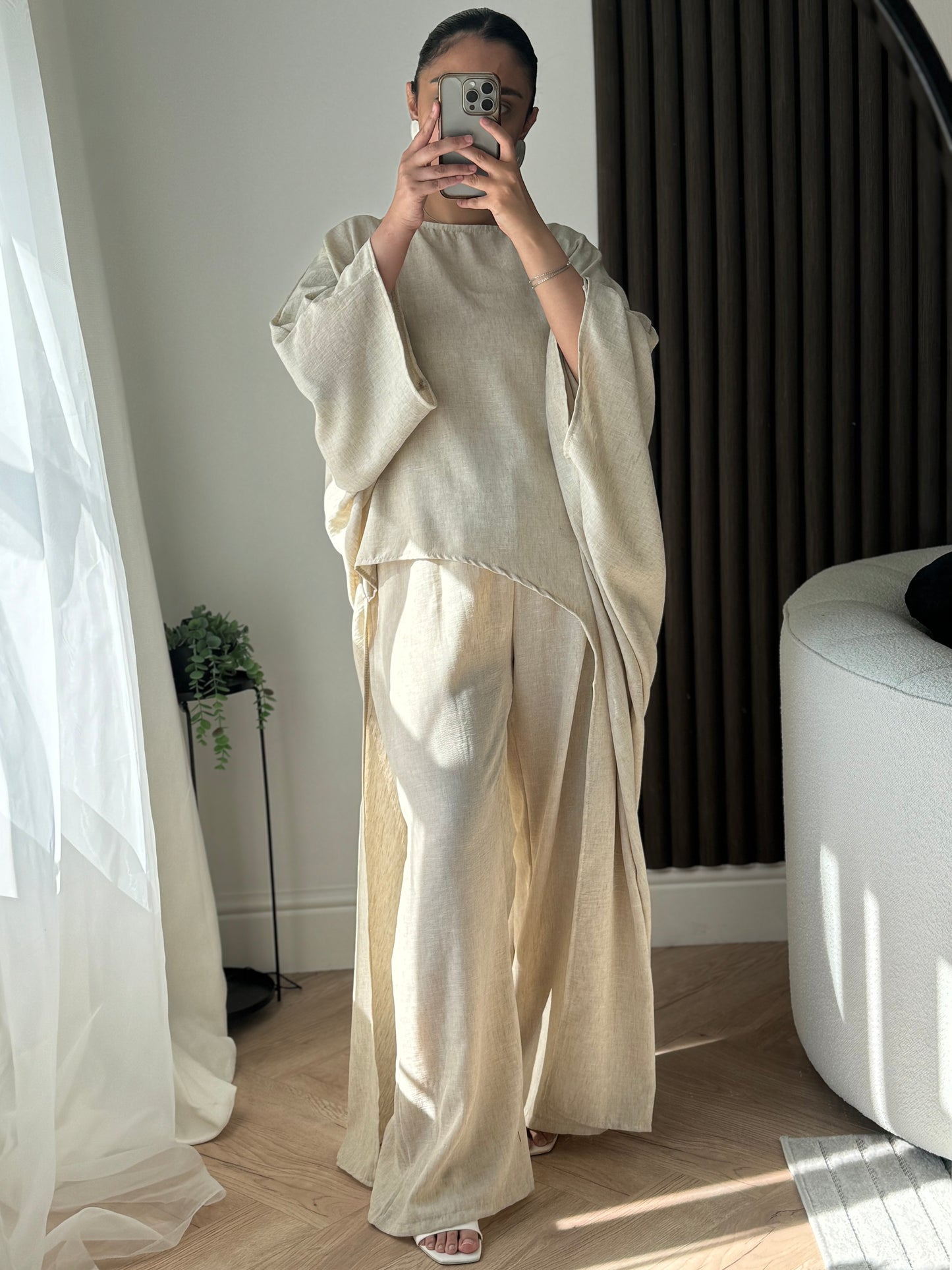 Ayah Asymmetric Cut Top and Trouser Set In Cream