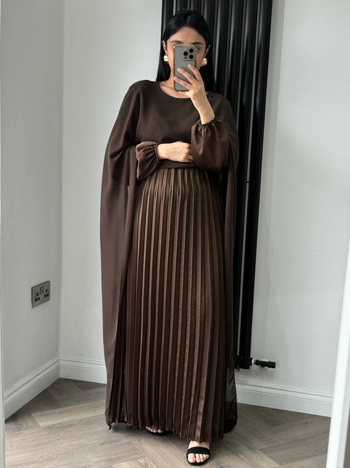 Haya Long Sleeve Pleated Maxi Dress with Cape In Brown