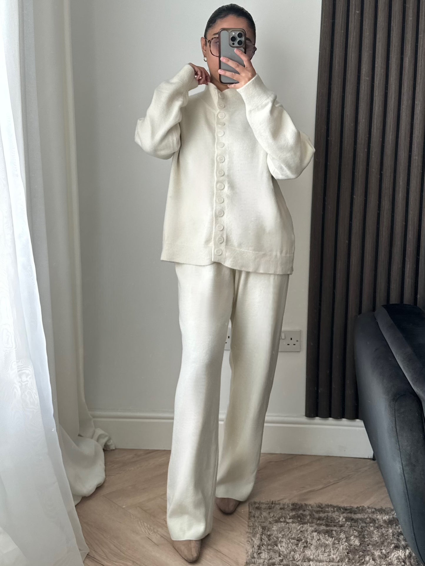 Cala Knitted High Neck Button Cardigan And Trouser Set In Cream