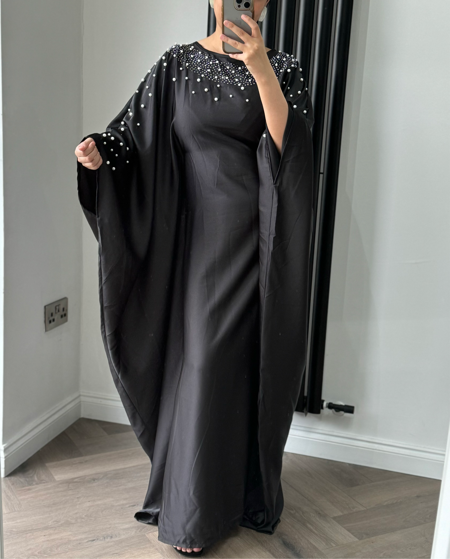 Eva Pearled Neck Batwing Dress In Black