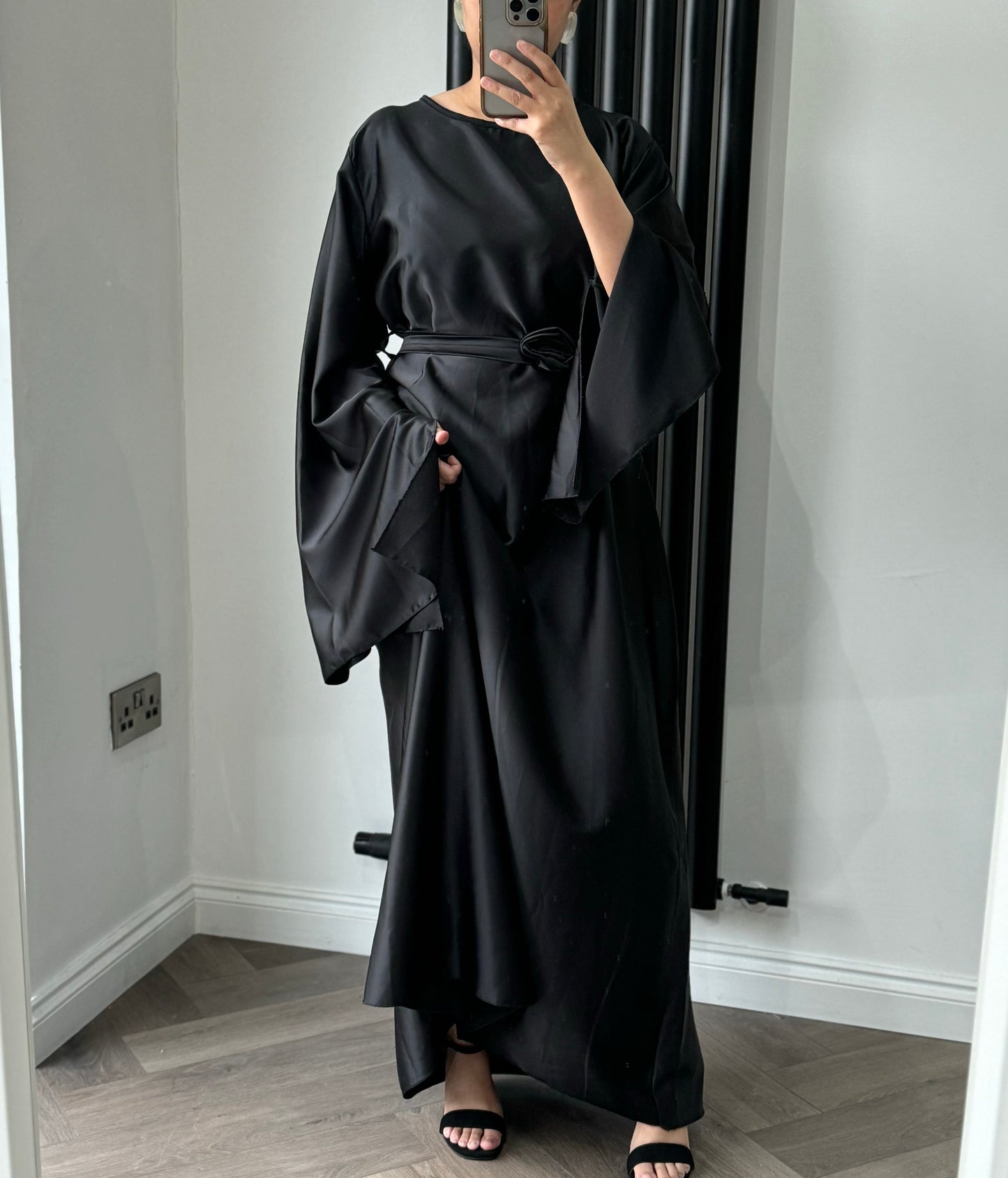Bella Long Flared Sleeve Dress With Floral Belt In Black