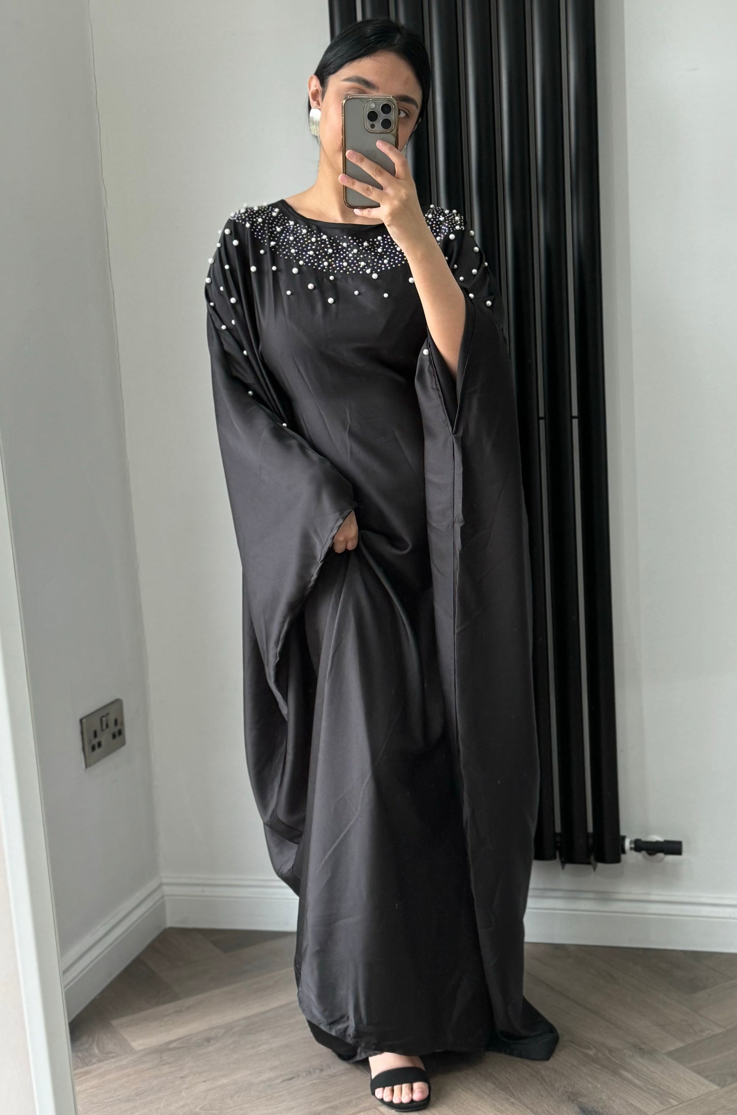 Eva Pearled Neck Batwing Dress In Black