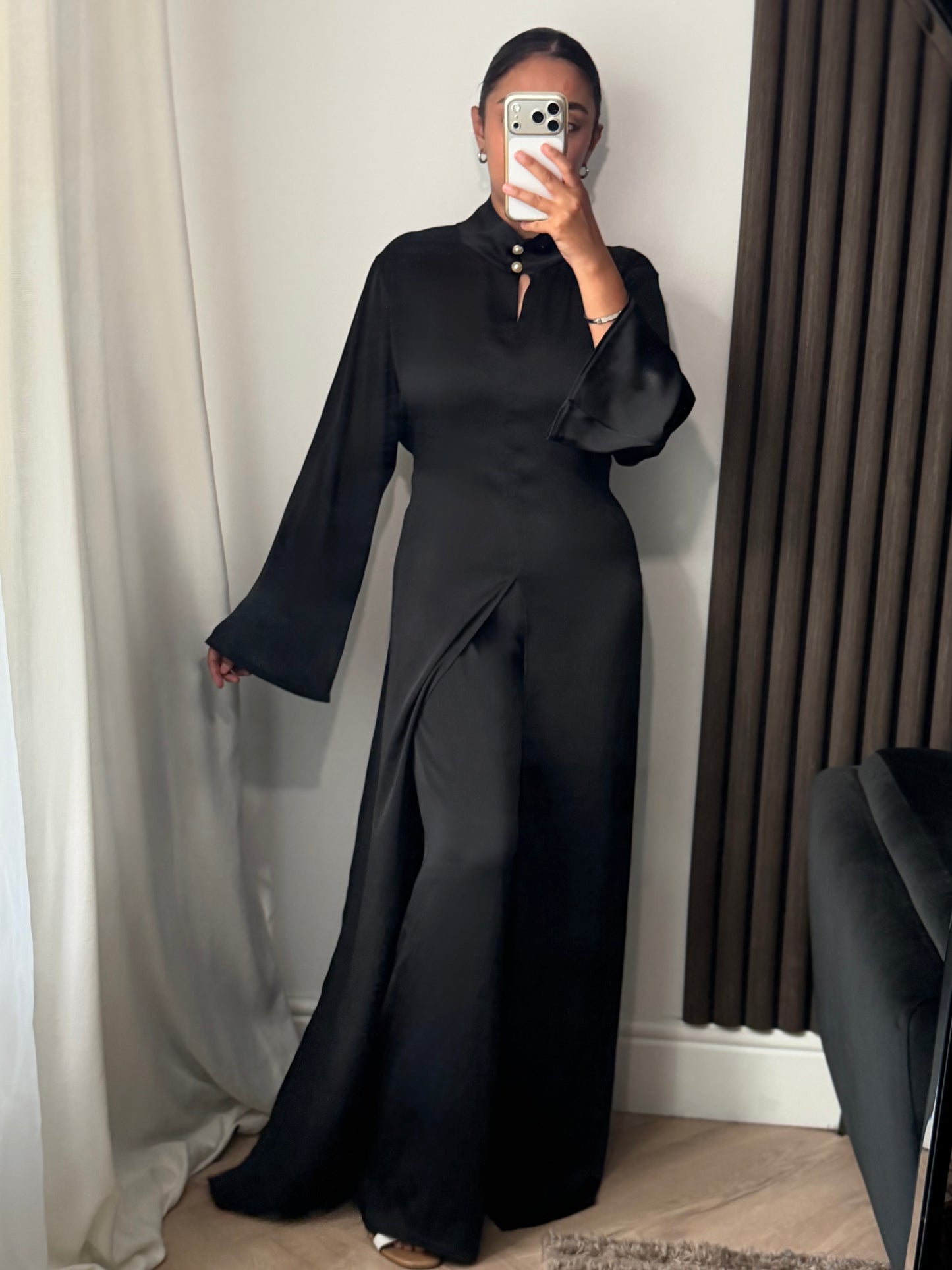 Aya Split Pearl Detail Blouse and Trouser Set In Black
