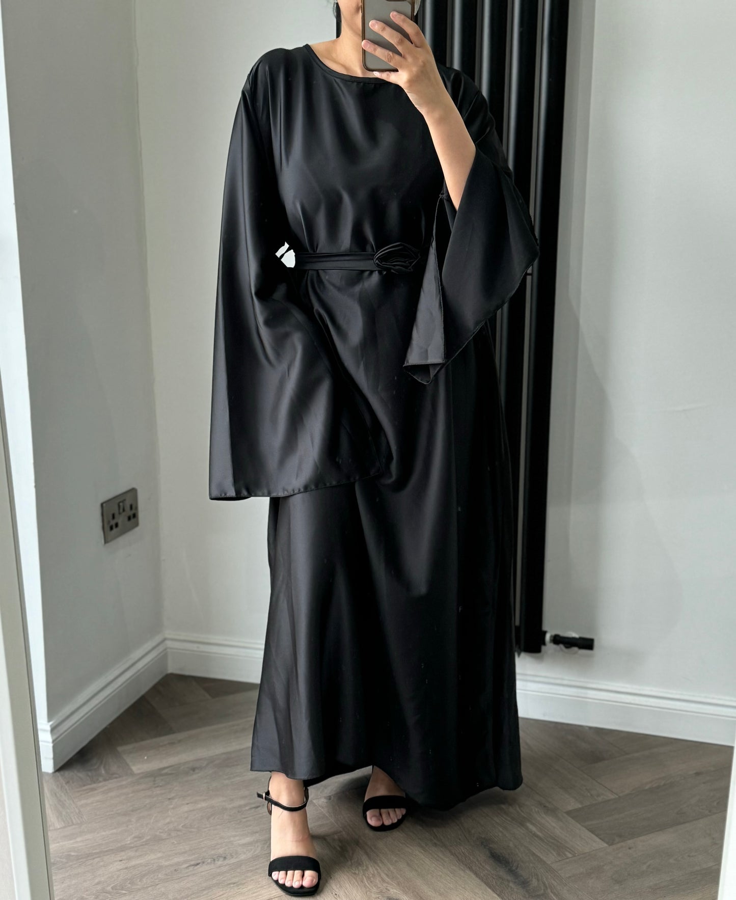 Bella Long Flared Sleeve Dress With Floral Belt In Black