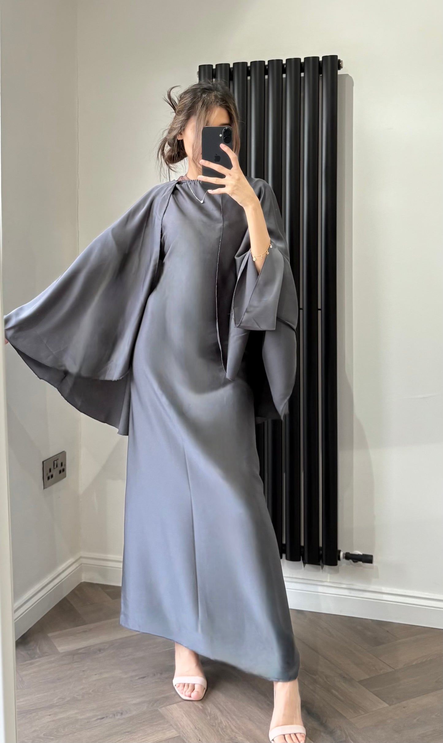 Anna Long Dress With Cape In Charcoal