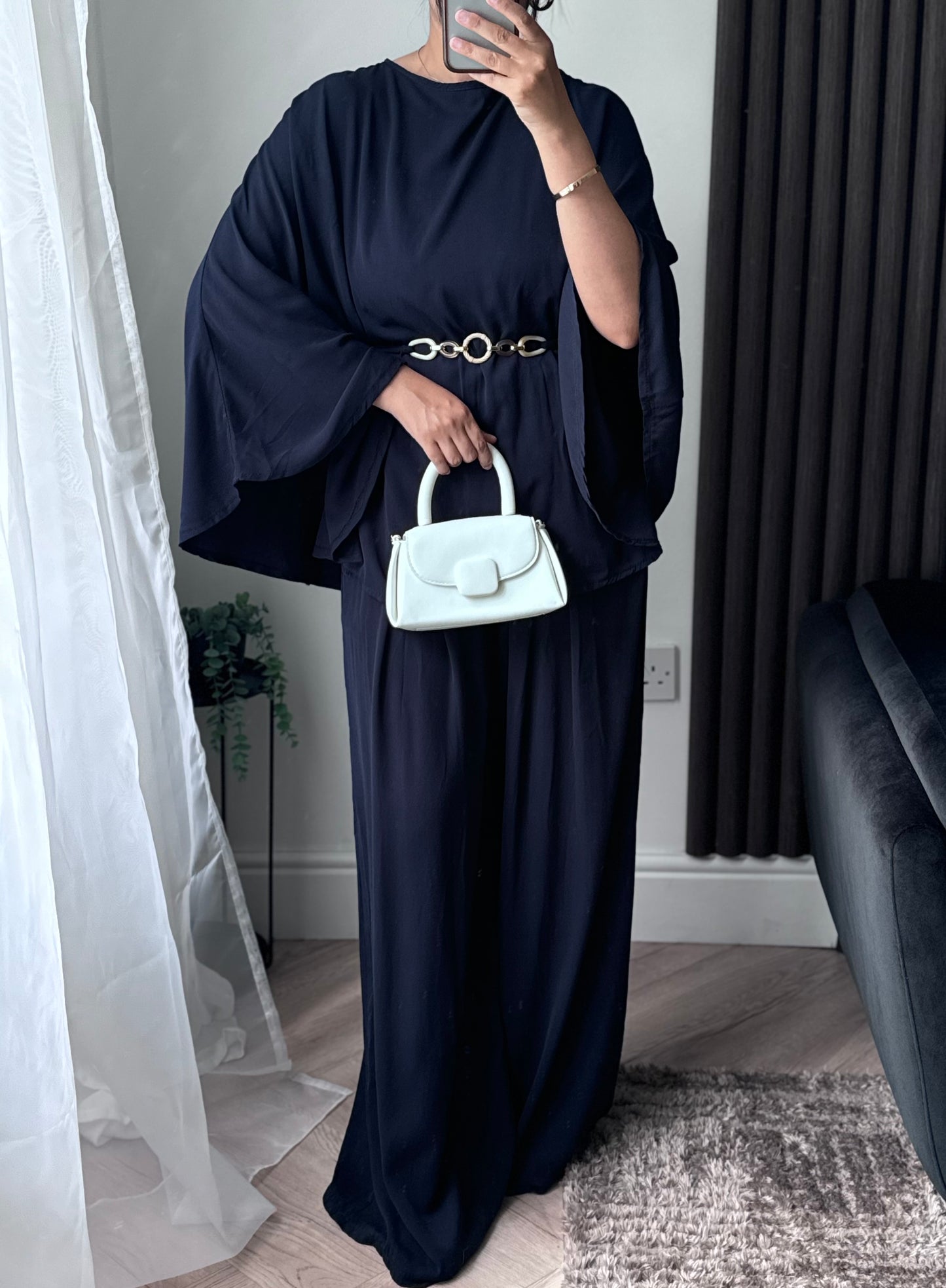 Aria Belted Cape Style Top And Trouser Set in Navy