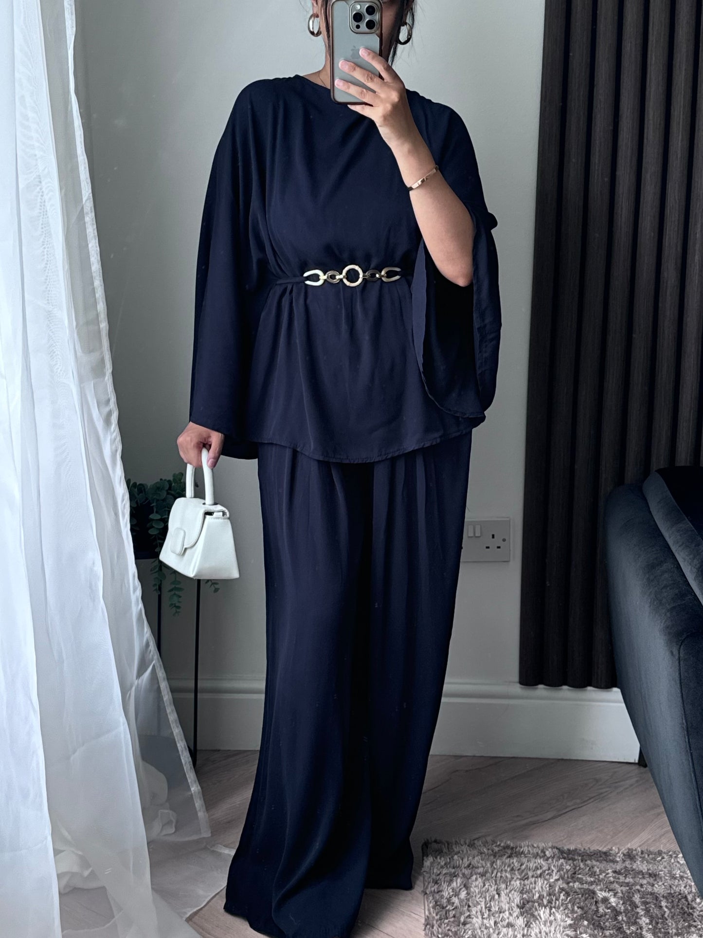 Aria Belted Cape Style Top And Trouser Set in Navy