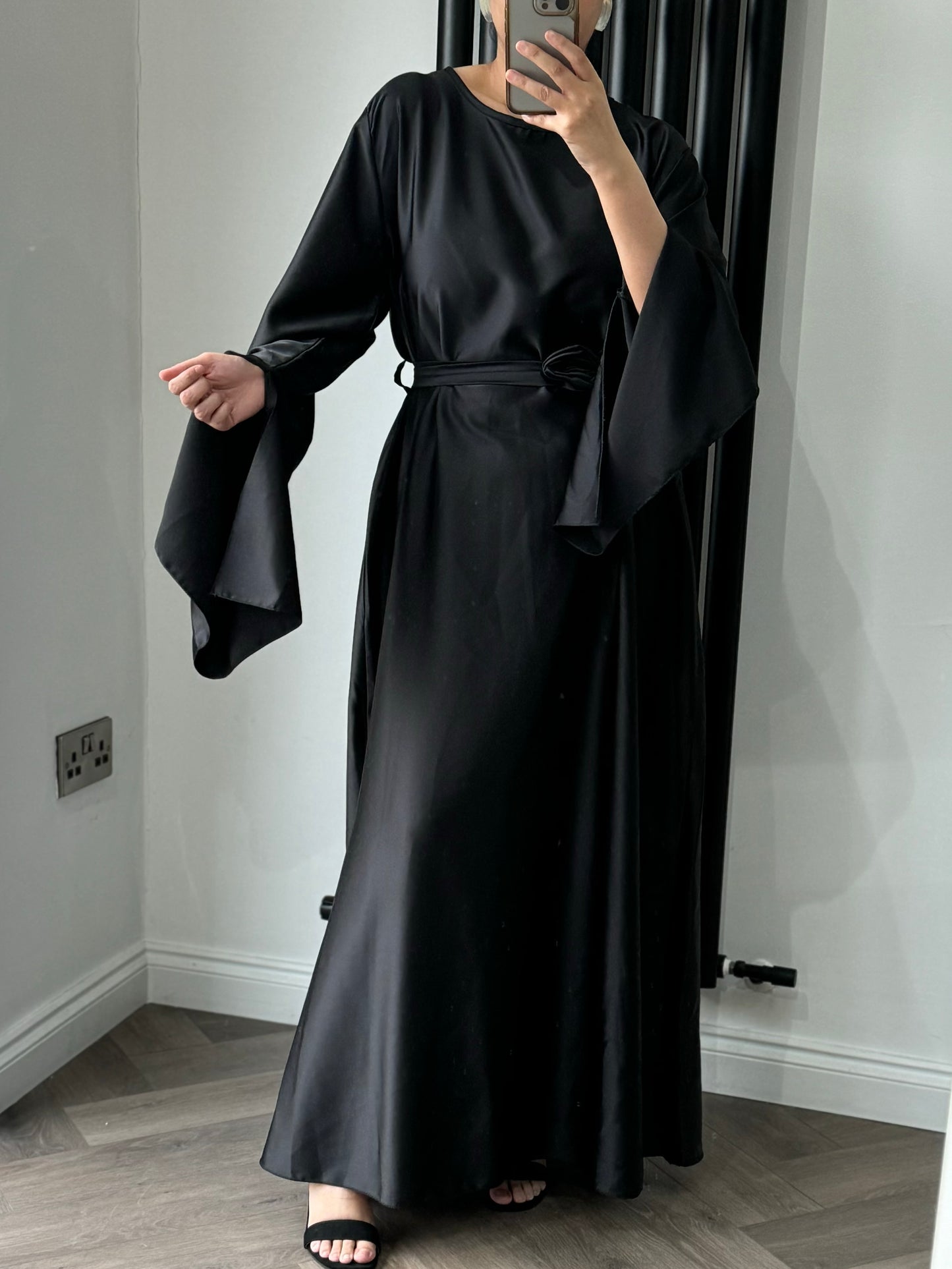 Bella Long Flared Sleeve Dress With Floral Belt In Black