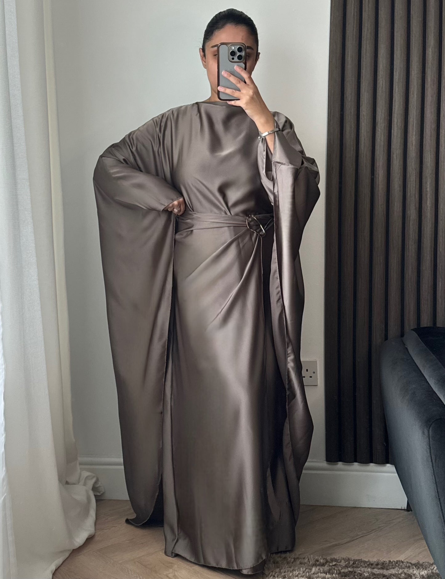 Rana Cape Gold Belt Detail Dress In Taupe