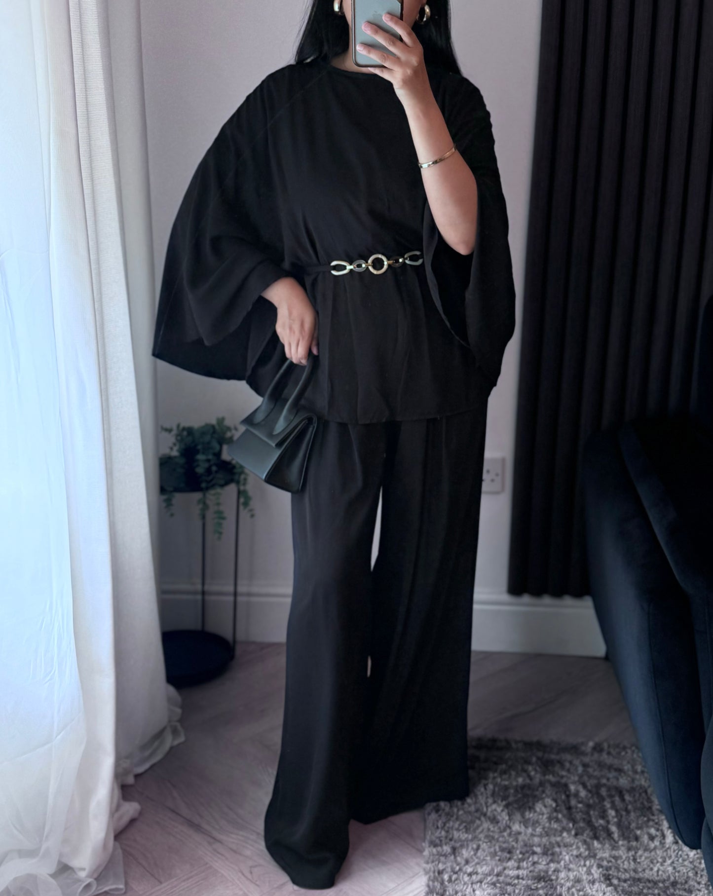 Aria Belted Top And Trouser Set in Black
