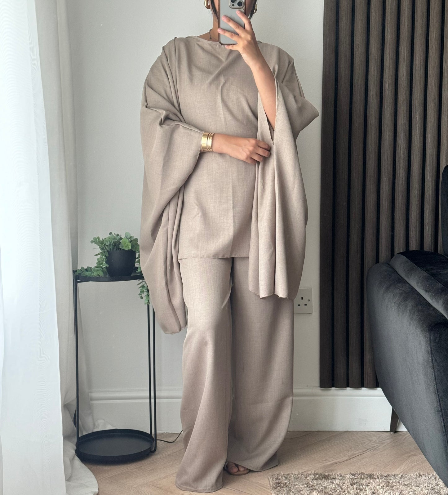Lila Cape Top And Trouser Set In Taupe