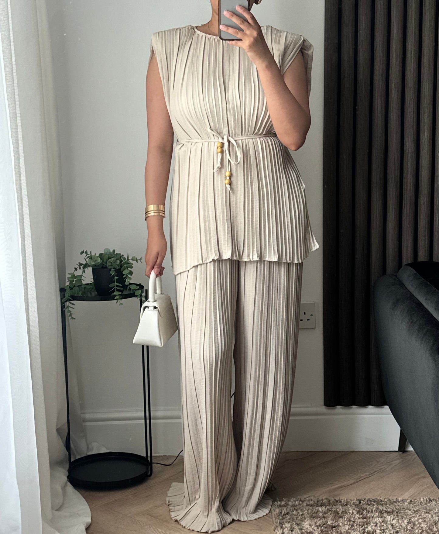Amina Top and Wide Leg Trouser Set In Beige