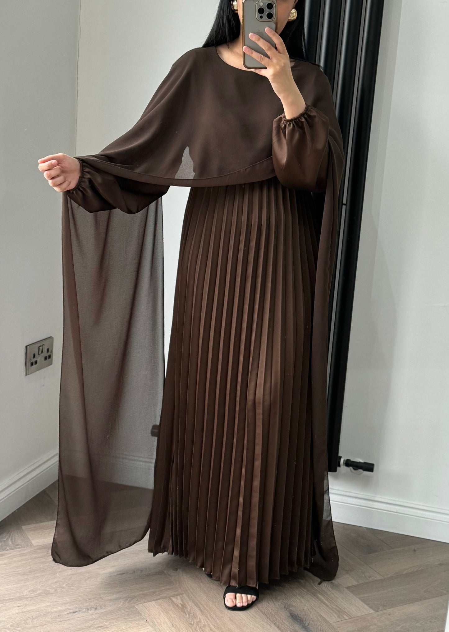 Haya Long Sleeve Pleated Maxi Dress with Cape In Brown