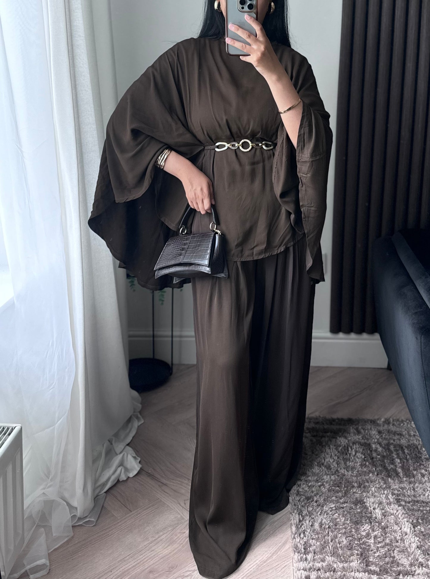 Aria Belted Top And Trouser Set in Brown
