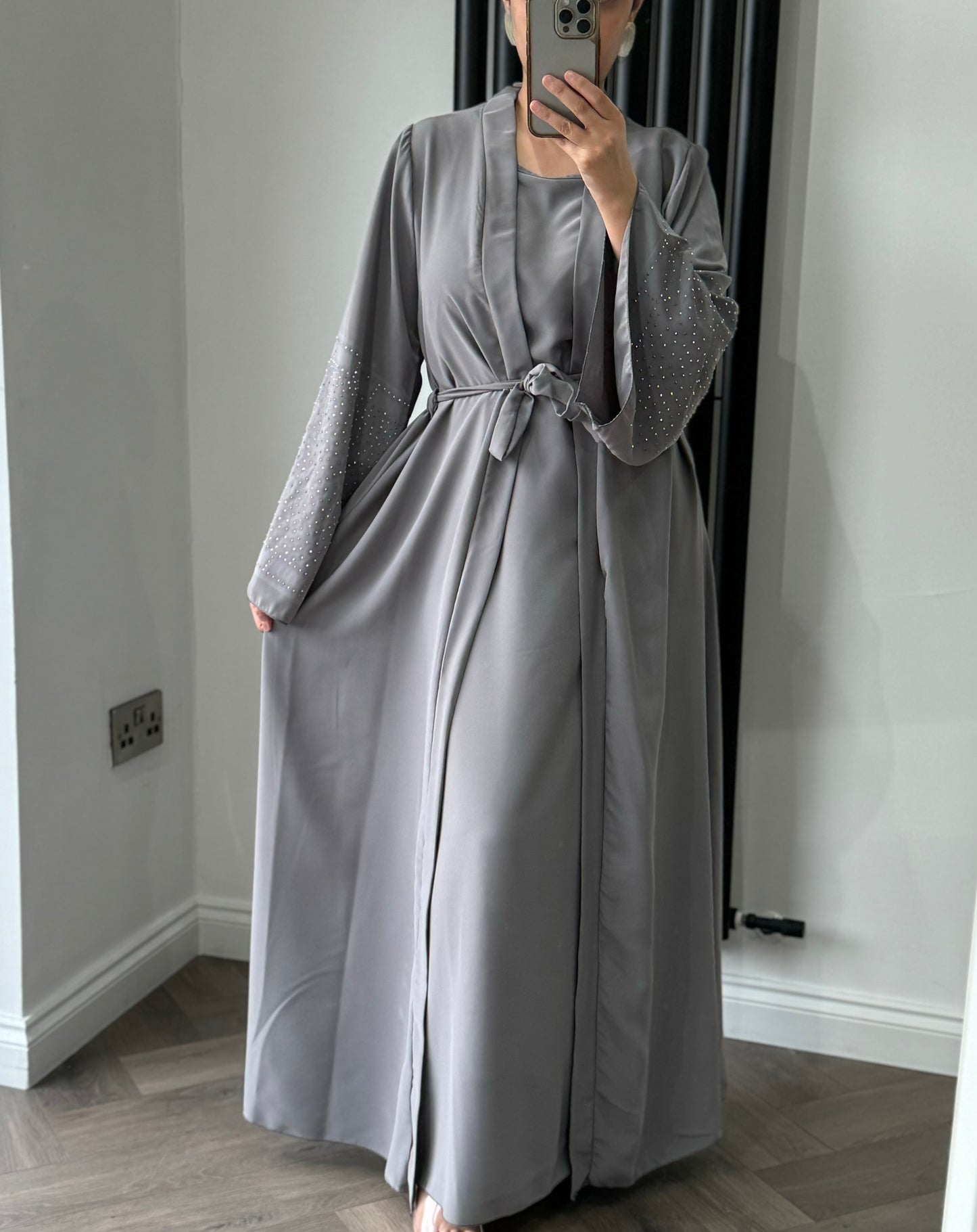 Dana Two Piece Long Jacket Set In Grey