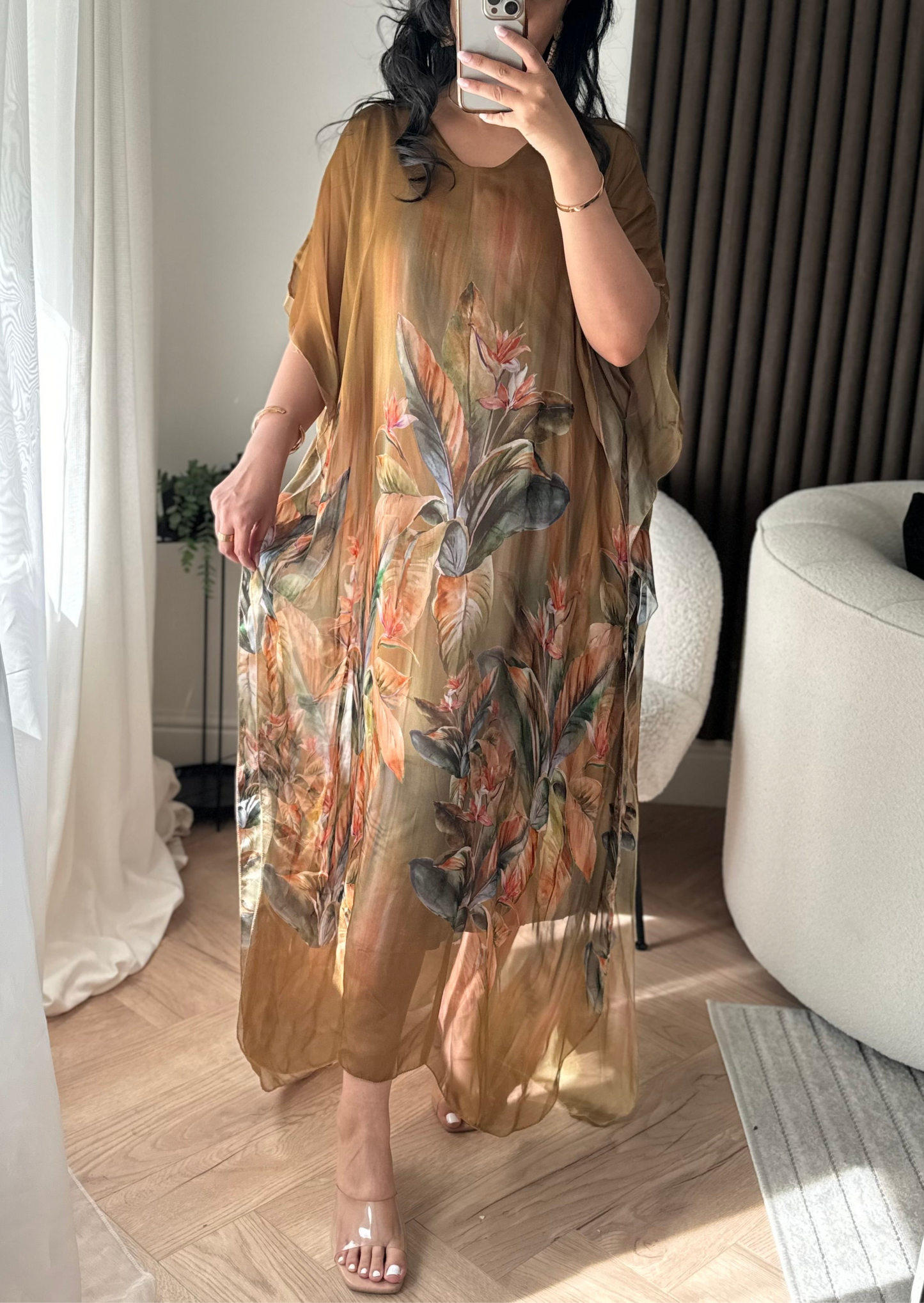Mila Floral Kaftan In Mustard