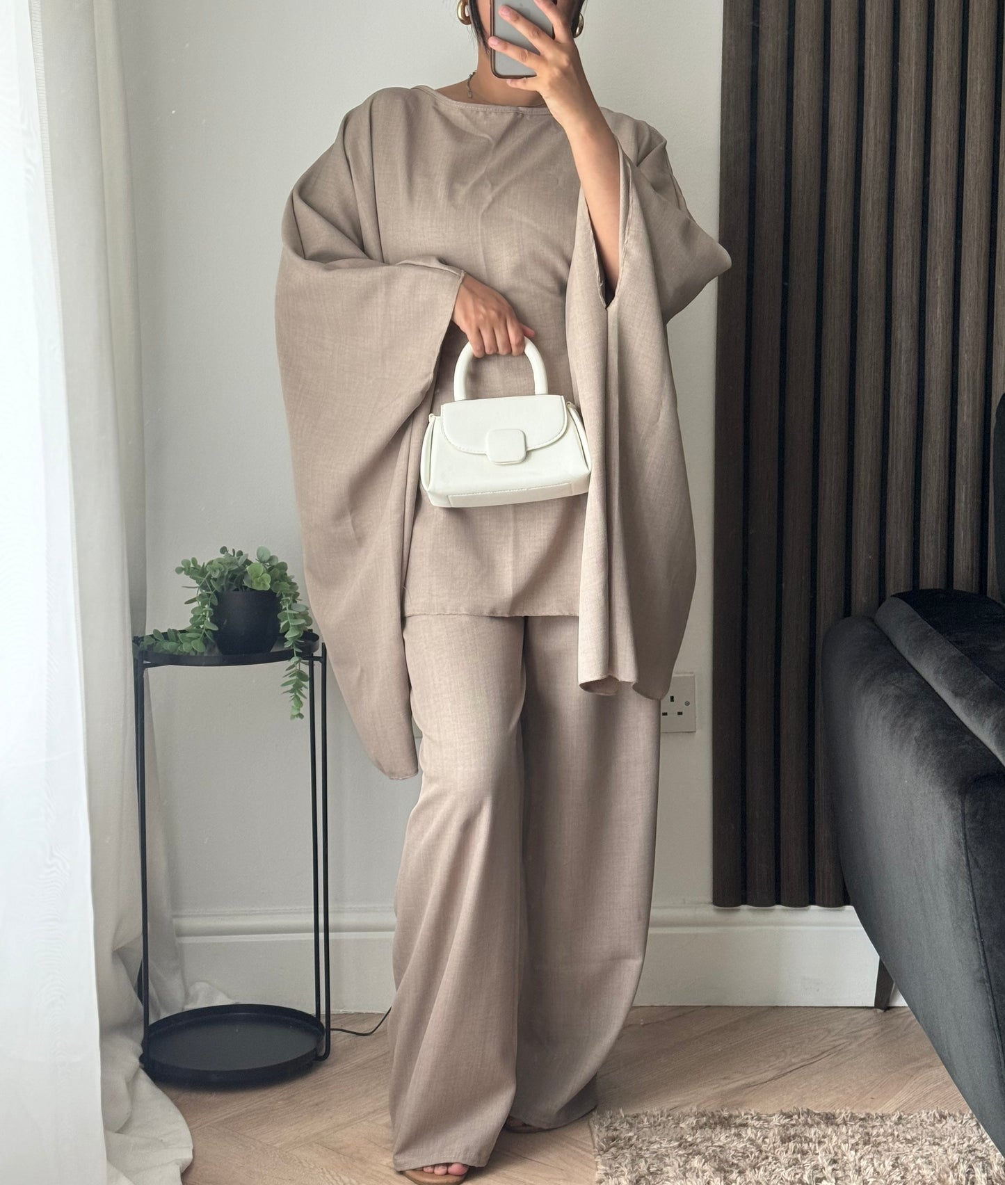 Lila Cape Top And Trouser Set In Taupe
