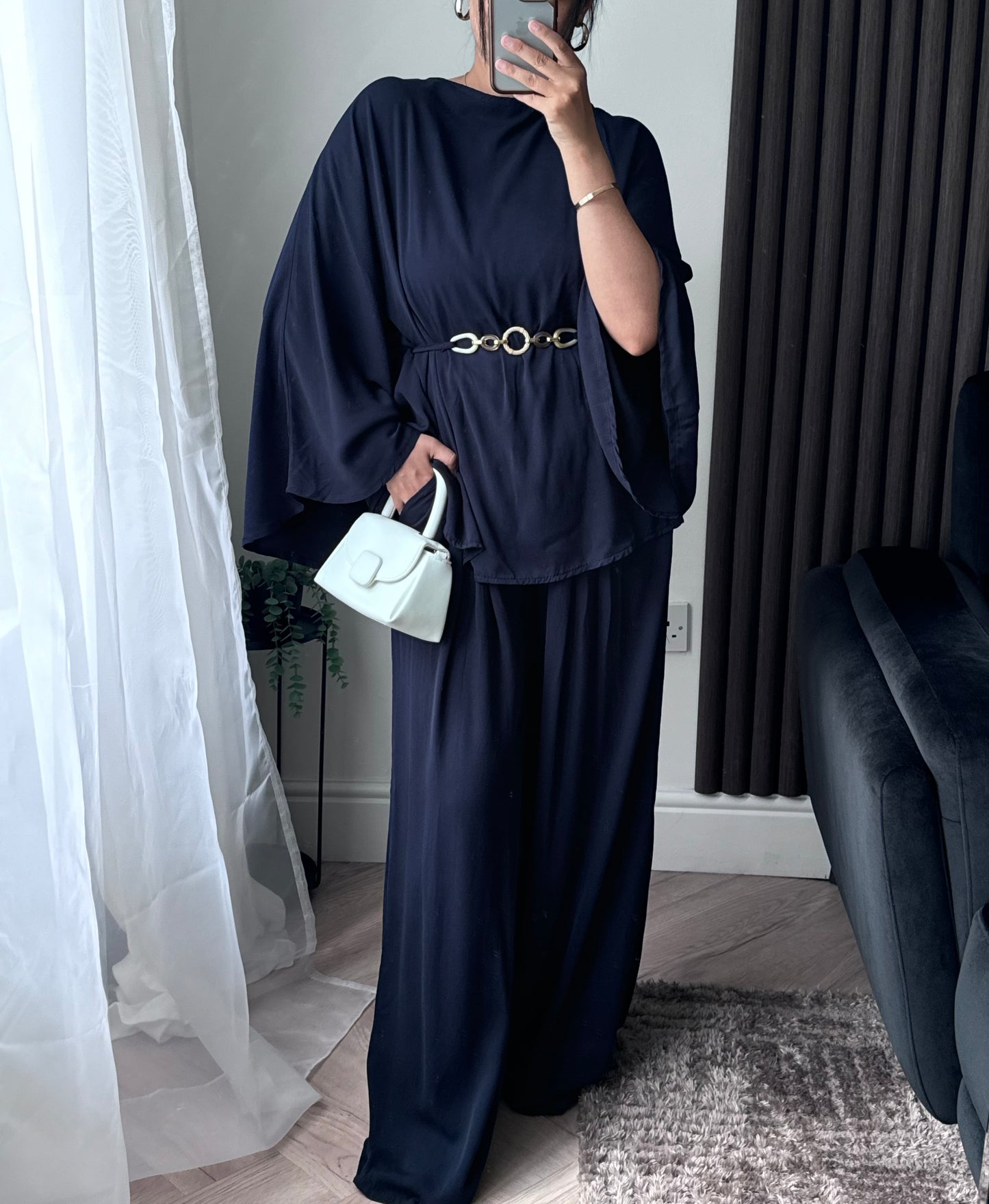 Aria Belted Cape Style Top And Trouser Set in Navy