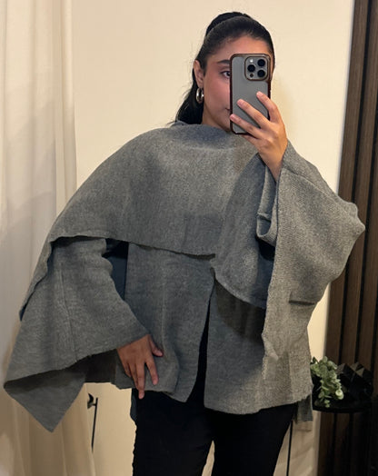 Knitted Cape With Scarf In Grey