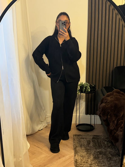 Ribbed Zip Up Hoodie and Trouser Set in Black