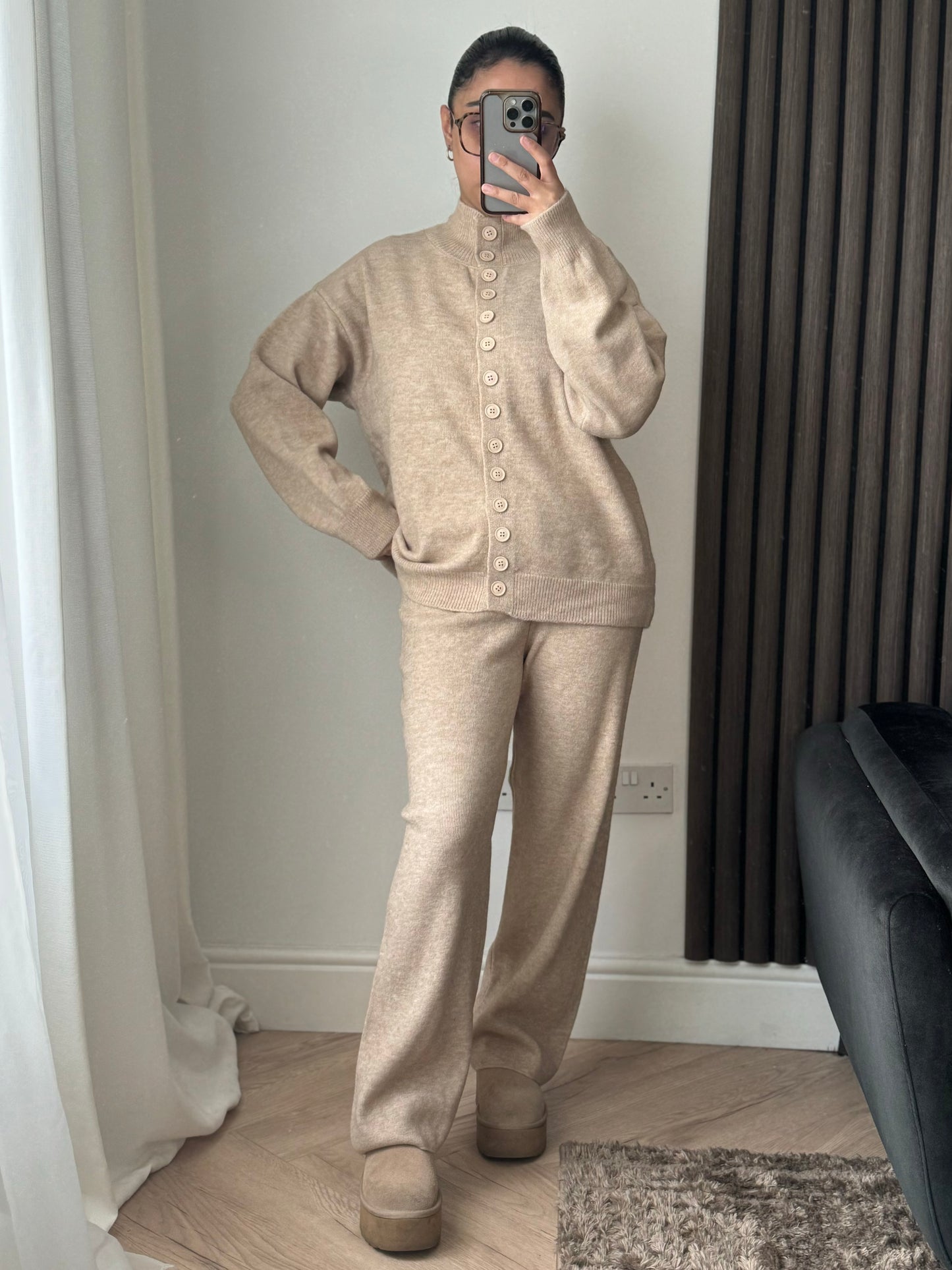 Cala Knitted High Neck Button Cardigan And Trouser Set In Beige