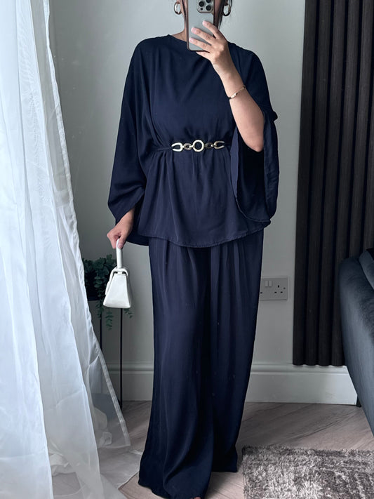 Aria Belted Cape Style Top And Trouser Set in Navy