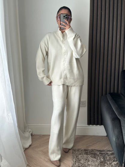 Cala Knitted High Neck Button Cardigan And Trouser Set In Cream