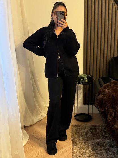 Ribbed Zip Up Hoodie and Trouser Set in Black