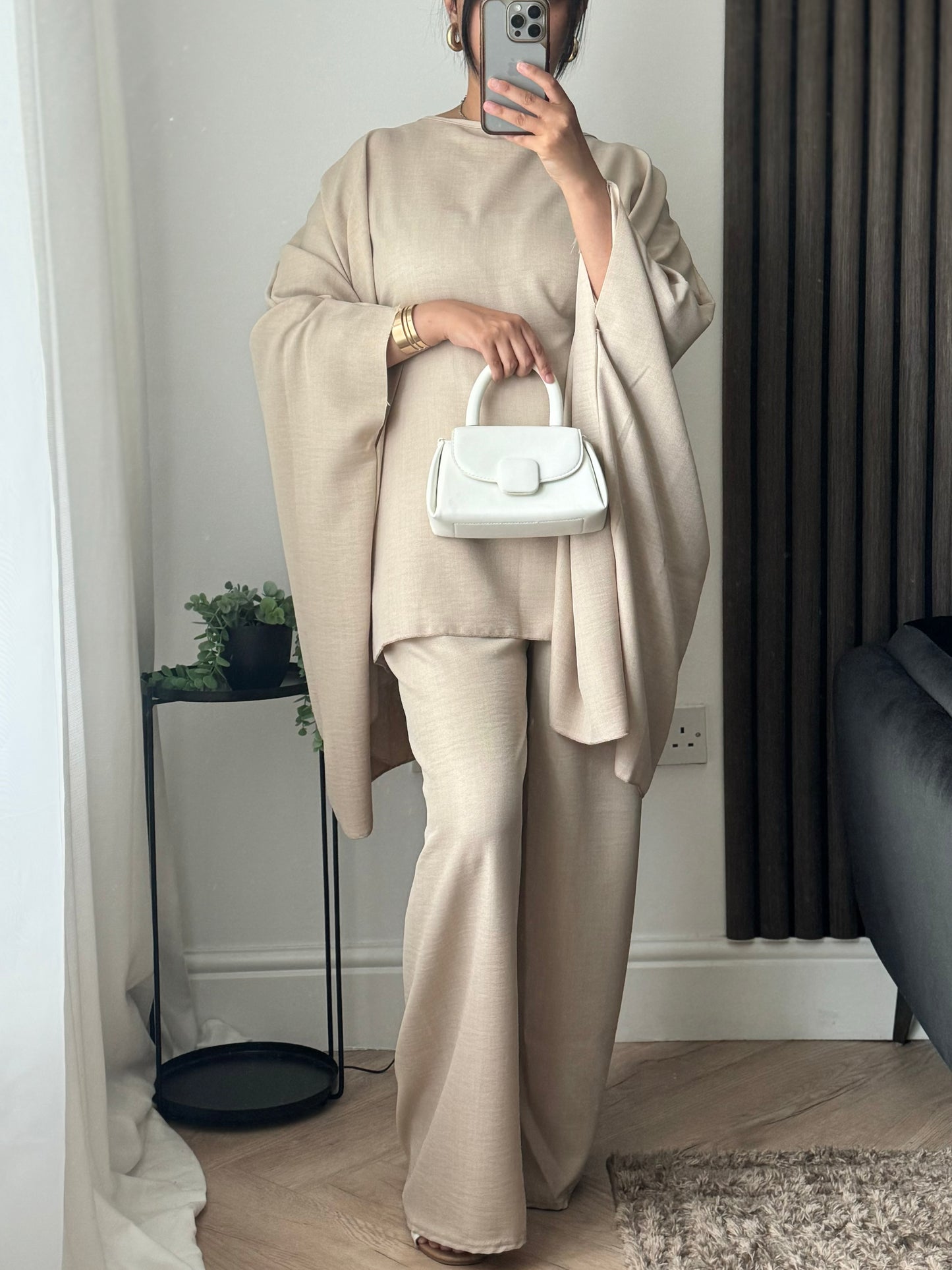 Lila Cape Top And Trouser Set In Beige