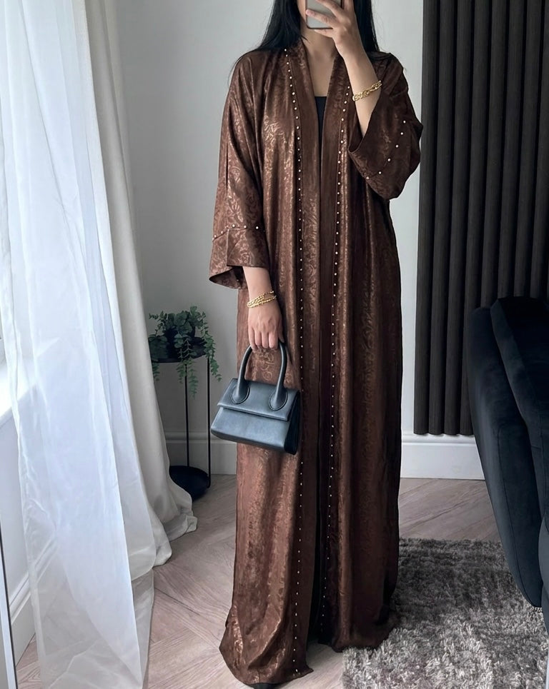 Yara Pearl Detail Open Abaya In Brown