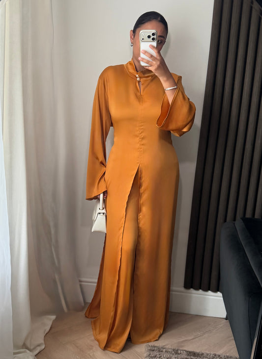 Aya Split Pearl Detail Blouse and Trouser Set In Mustard