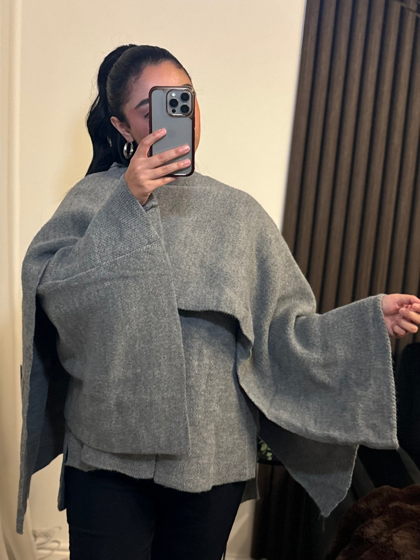 Knitted Cape With Scarf In Grey