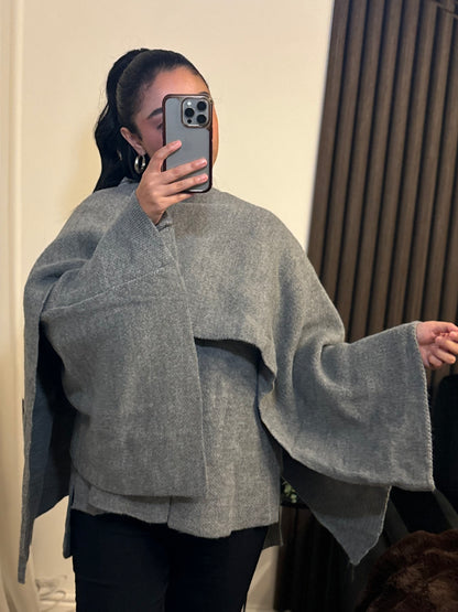 Knitted Cape With Scarf In Grey