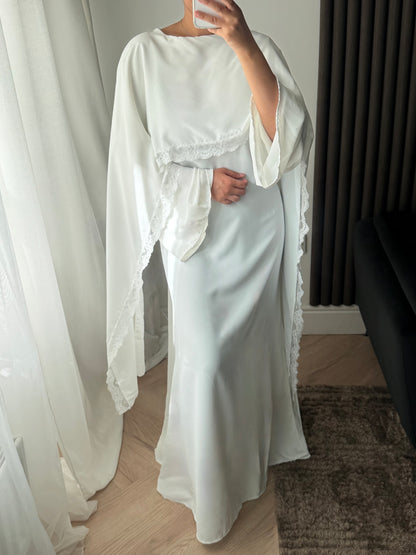 Lace Trim Cape Dress in White