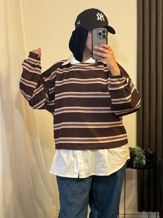 Striped White Shirt Jumper In Brown