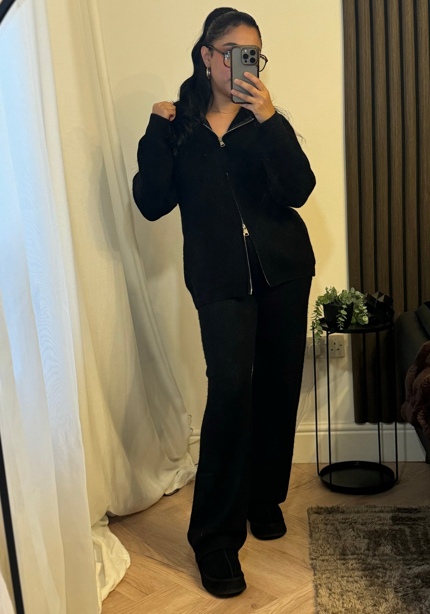 Ribbed Zip Up Hoodie and Trouser Set in Black