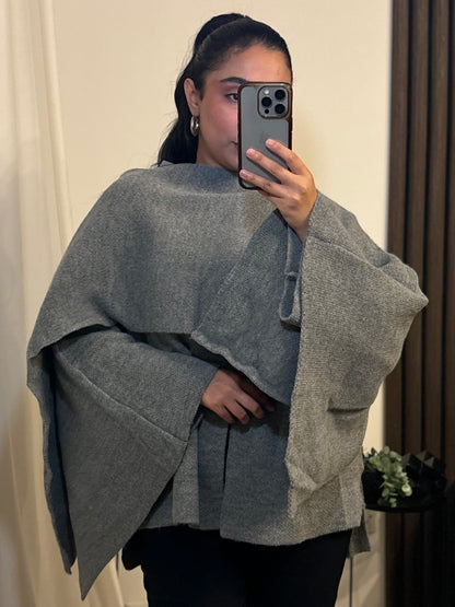 Knitted Cape With Scarf In Grey