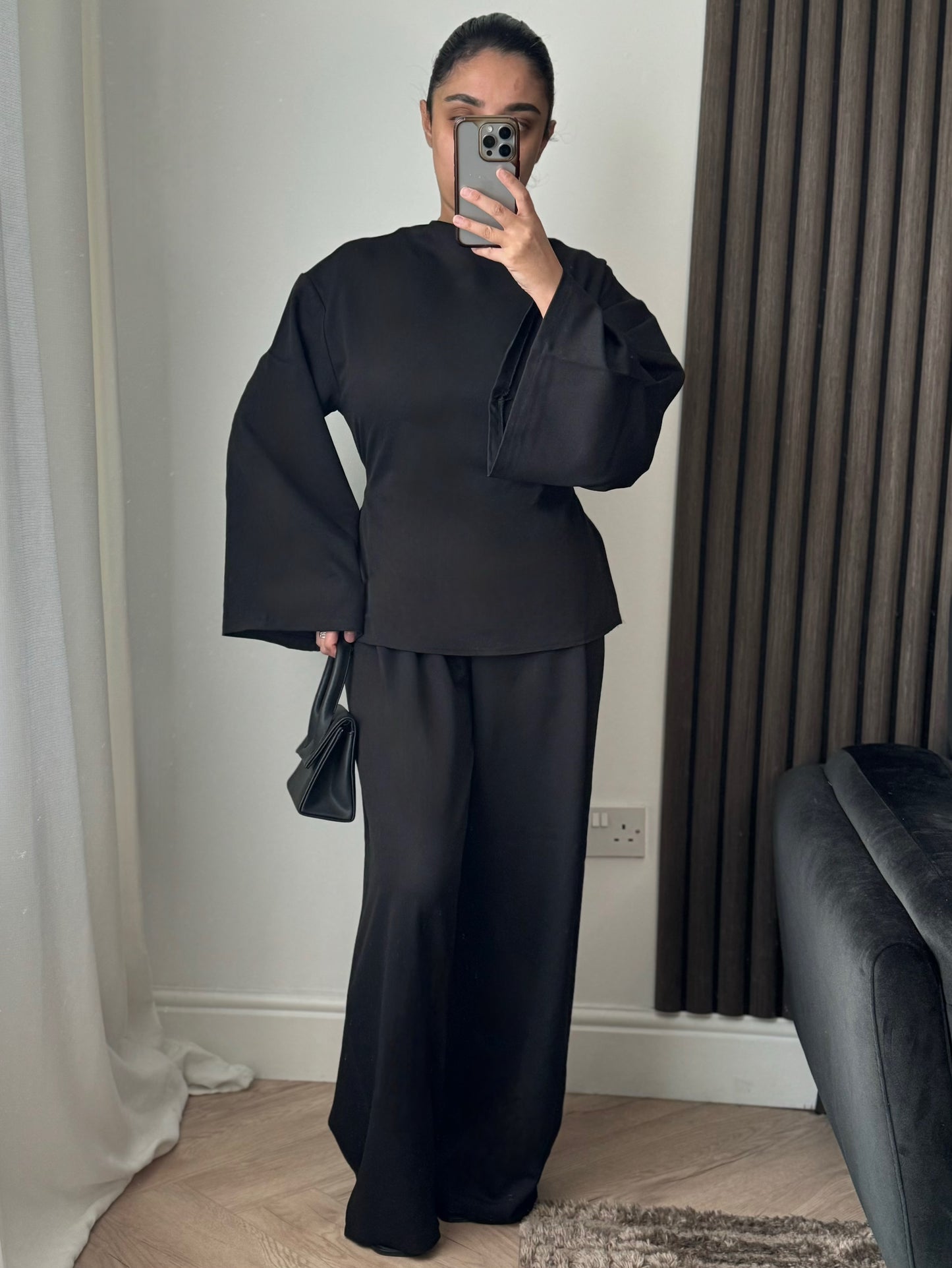 Esra Boat Neck Tie Back Top And Trouser Set In Black