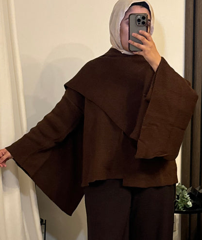Knitted Cape With Scarf In Brown