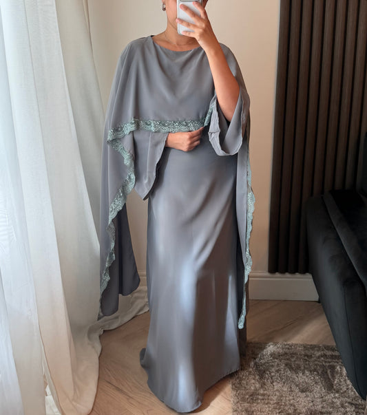Lace Trim Cape Dress in Grey