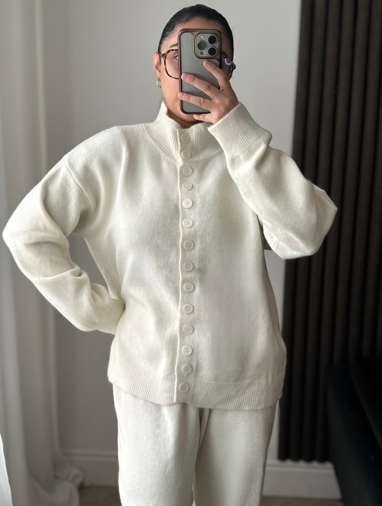 Cala Knitted High Neck Button Cardigan And Trouser Set In Cream