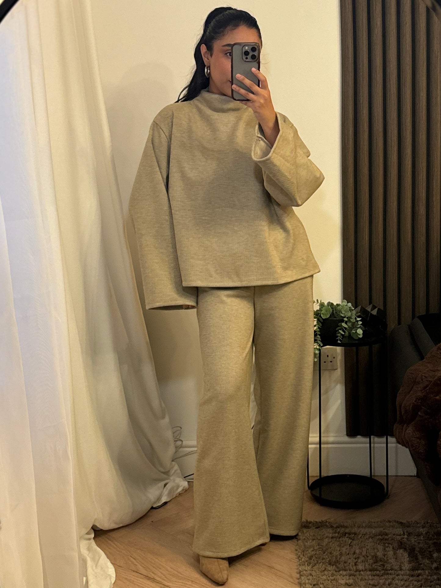 Funnel Neck Fleece Lined Trouser and Top Set In Beige