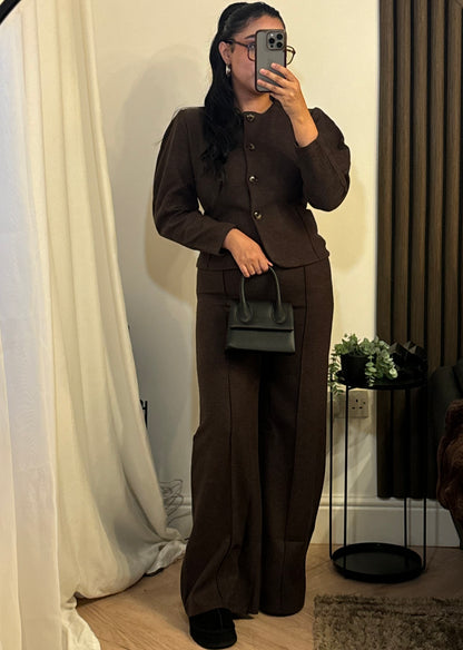 Structured Buttoned Jacket with Trouser Set In Brown